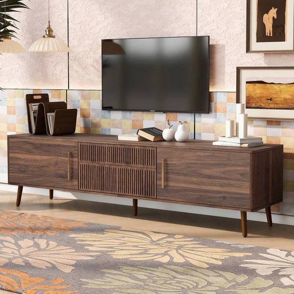 English Elm Mid Century TV Stand Walnut Finish with 2 Drawers, Cable Management, Solid Wood Legs, 80'' Safe Storage and Style N710P222772P
