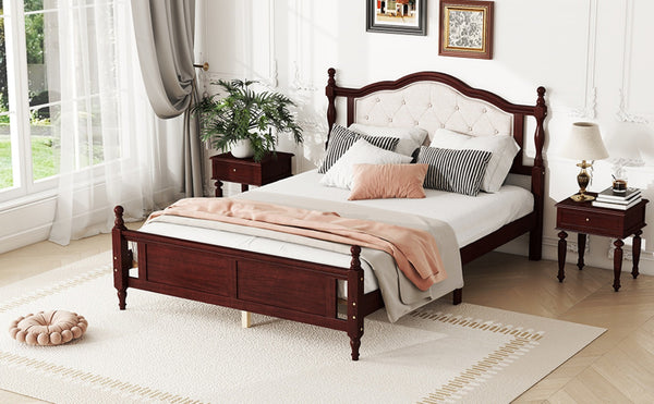 English Elm Queen Pine Wood Bed Upholstered Headboard Panel Footboard Classic Cherry Finish W504P181801