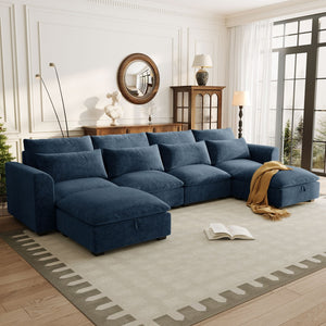 English Elm U_style Modular U-shaped Sectional Sofa Six Seat Linen Fabric with Storage Ottomans Dark Blue WY000491AAC