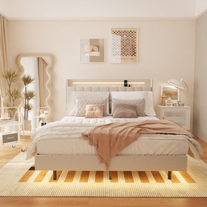 English Elm Full Floating Bed Frame with LED Lights, USB Charging Headboard, Hidden Storage & Velvet Beige W636P311067