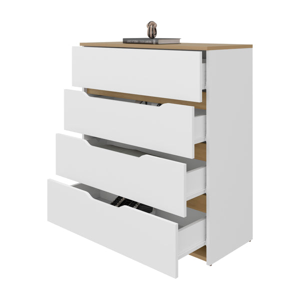 English Elm Drawer Four-Drawer Dresser 35"H in White & Light Oak — Compact, Stylish Storage with Superior Top Finish B097132891