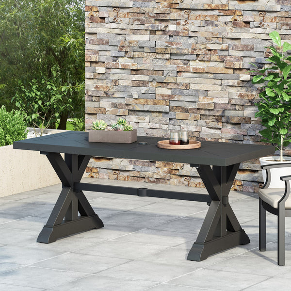 English Elm Christopher Knight Home® - Outdoor Aluminum Dining Table Antique Matte Black, 74.25" x 34.75" Rustic X-Leg Centerpiece for Patio Durability 68183.00BLK