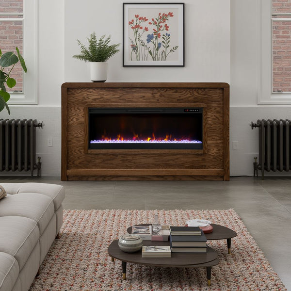 English Elm Haven 92 inch Fireplace Mantel with 42" Electric Insert, Oak Bourbon Finish, Remote & Quick Install B108P364423