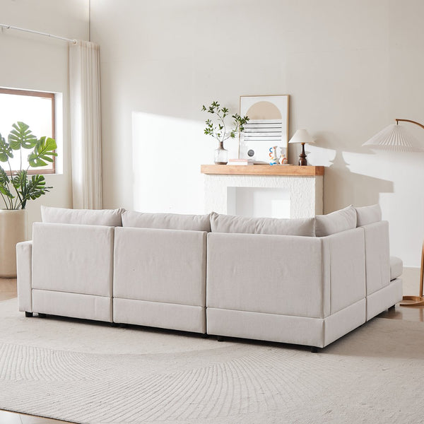 English Elm MH100.2" Sofa Convertible L-Shaped Linen Sectional with Movable Ottoman 5 Cushions 4 Lumbar Pillows Beige W1193S00140