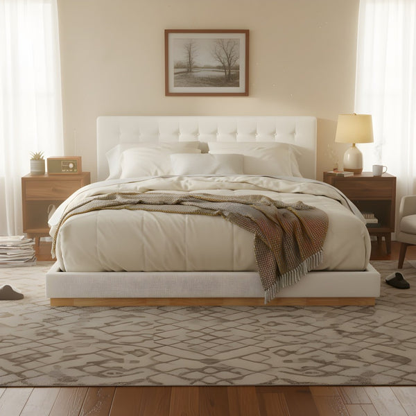 English Elm Solid Rubberwood King Platform Bed Tufted Upholstered Headboard Modern Bedroom Frame N769P387939W