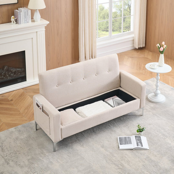English Elm 57-inch Velvet Double Sofa with Built-In Storage, Solid Wood Frame, Silver Legs, 350lb Capacity and Modern Compact Design Beige W3356P346854