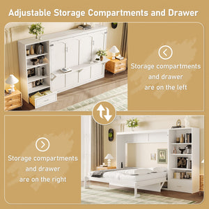 English Elm Queen Murphy Bed with Built-In Shelves, Height-Adjustable Storage & Drawer for Small Spaces White 71.6 L x 21.5 W x 6.1 H N733S309223K