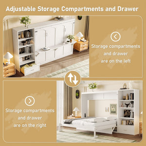 English Elm Queen Murphy Wall Bed with Folding Platform Side Cabinet Drawer and Adjustable Shelves White N733S407545K