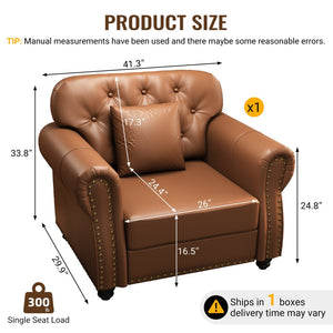 English Elm 41.3"upholstered Faux Leather Chair with Tufting Nailhead Trim Mid-century Style Brown W1885P469595