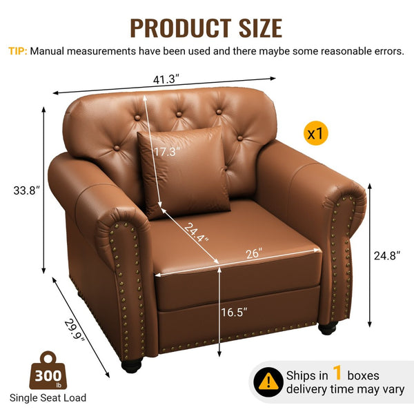 English Elm 41.3"upholstered Faux Leather Chair with Tufting Nailhead Trim Mid-century Style Brown W1885P469595