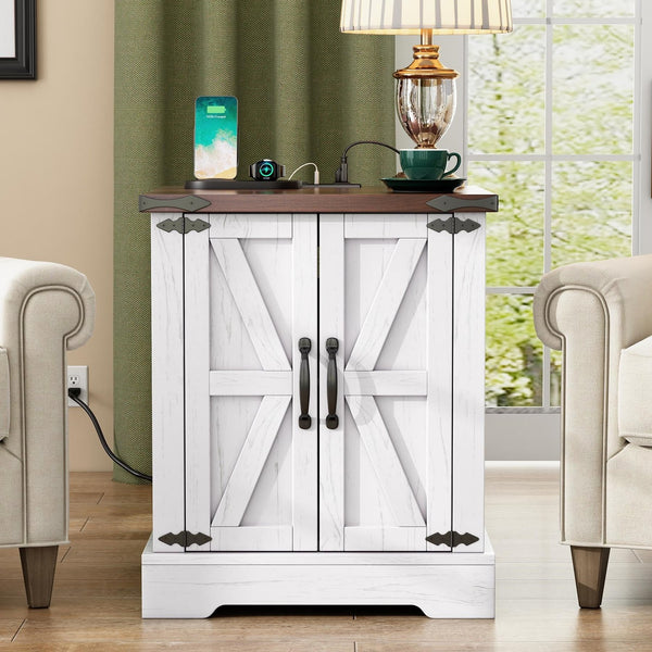 English Elm ON-TREND Farmhouse End Table with Built-In Charging Station, Rustic Walnut Top, Adjustable Shelf White + Deep Walnut N721P246478K