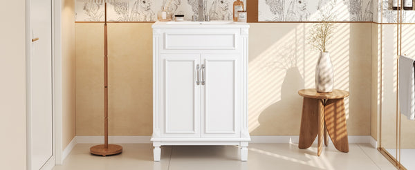 English Elm 24'' Bathroom Vanity with Sink - Solid Wood Frame, Glossy Ceramic Basin, Soft-Close Doors & Ample Storage Elegant Modern Design, Durable MDF Construction, Retro Metal Handles, Compact 24-inch Cabinet White N710P317675K
