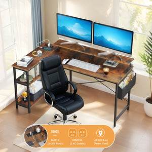 English Elm 47'' Gaming Desk with Power Outlets & USB, Reversible L-Shape Corner Desk with Monitor Stand, Storage Shelves and Side Bag for Small Spaces W3204P354196