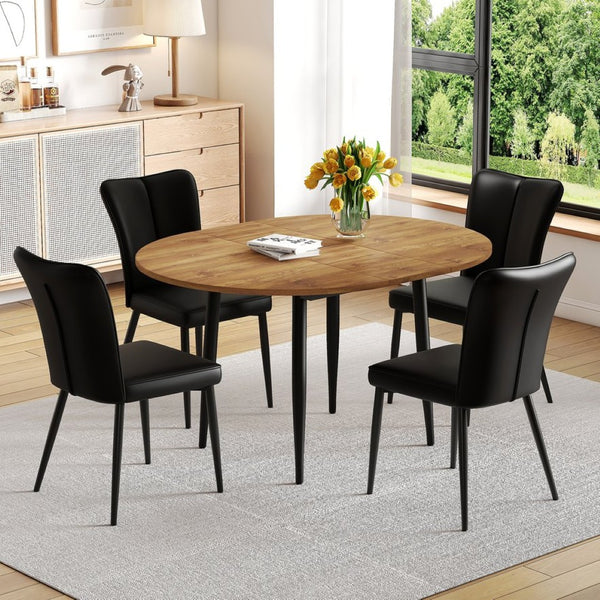 English Elm Table And Chair Set - Modern Extendable Mdf Dining Table With 4 Stylish Black Pu Chairs For Gatherings W1151S04145-GIGA