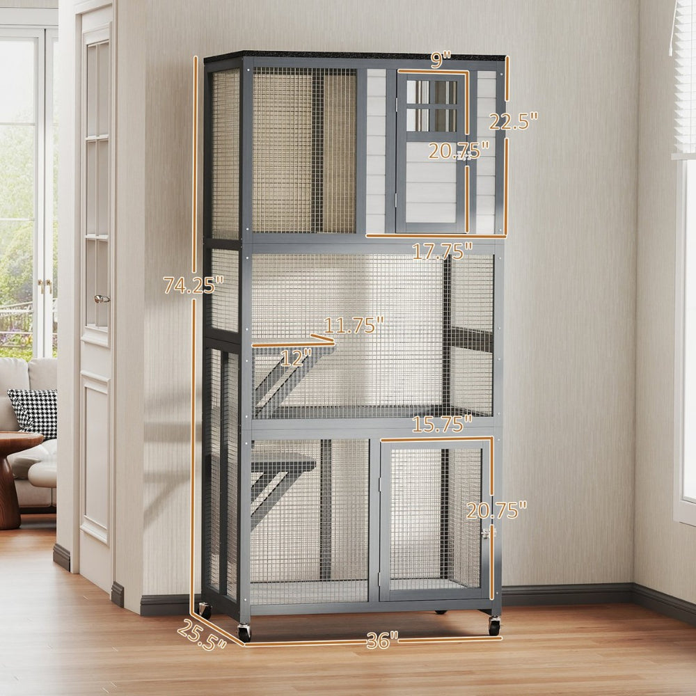 English Elm Wooden Fir Catio with Three Perch Platforms Wheeled Freestanding Indoor Outdoor Cat House T3971P437098