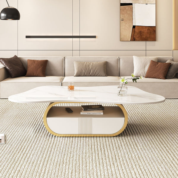 English Elm Modern Butterfly Coffee Table with Sintered Stone Top, Stainless Steel Base, Drawer & Shelf Storage Gold+White W3136S00018