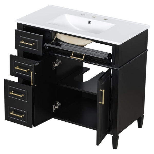 English Elm 36 Inch Freestanding Bathroom Vanity Sage Pine Cabinet Gold Hardware Ceramic Sink Black N725P366466B