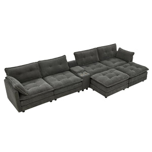 English Elm 154" Corduroy U-shaped Sectional with Ottomans Six Seat Modular Cloud Sofa Usb Console Grey W1998S00103