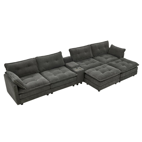 English Elm 154" Corduroy U-shaped Sectional with Ottomans Six Seat Modular Cloud Sofa Usb Console Grey W1998S00103