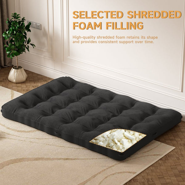 English Elm 8 Inch Foldable Corduroy Floor Mattress Full Size Sofa Bed Guest Sleeping Pad Black T3210P477351