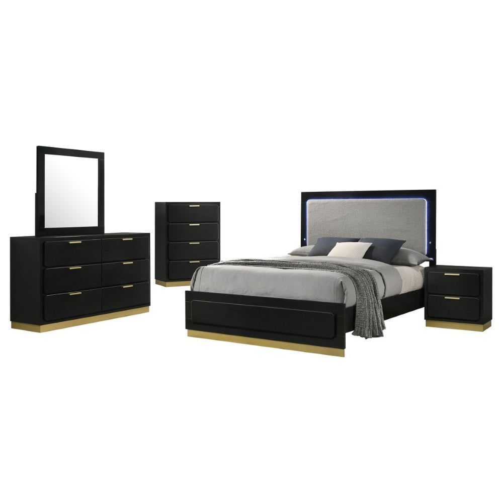 English Elm Black Five Piece California King Bedroom Set with Led Headboard and Metallic Accents B062S01832