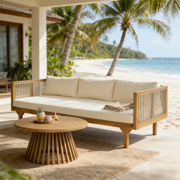 English Elm 2-piece Outdoor Acacia Patio Sofa Set with Rope Back and Round Coffee Table Beige,Light Brown,Teak N770P354675B_N770P234486F