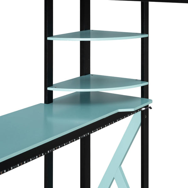 English Elm Full Size Loft Bed with Rgb Lighting Chevron Desk Usb Charging Ports and Storage Shelves Black+Blue LT000286AAC