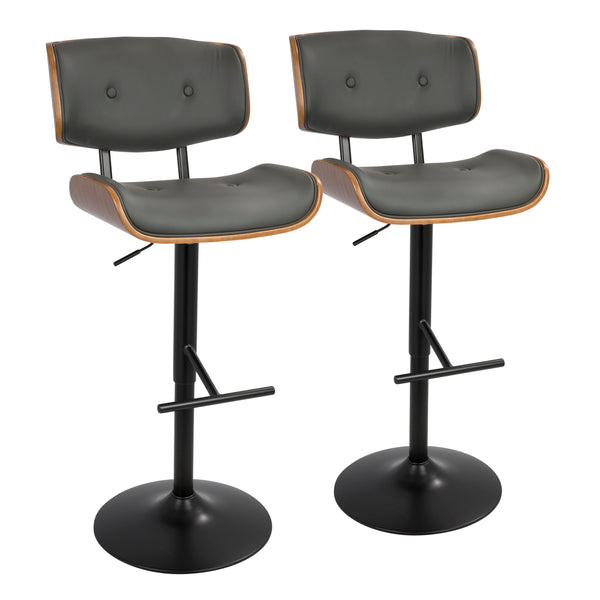English Elm Lombardi Mid-Century Modern Adjustable Barstool with Swivel, Walnut Back and Tufted Faux Leather Seats (Set of 2) Grey B202S00951