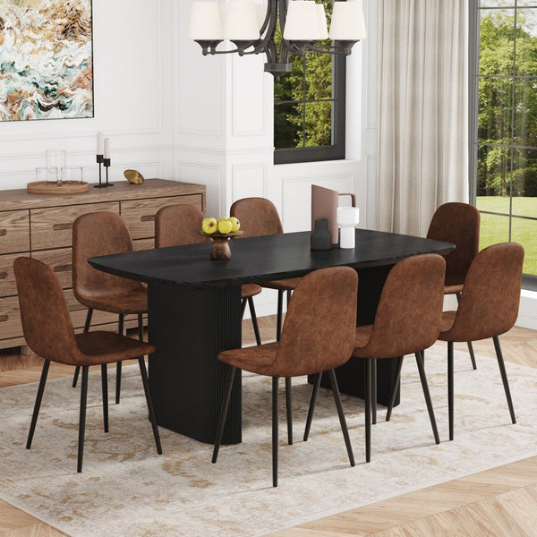 English Elm Table & 8 Chairs Set - Modern Black Wood Grain Mdf Dining Ensemble With Ergonomic Tech Fabric Comfort W1151S04153-GIGA