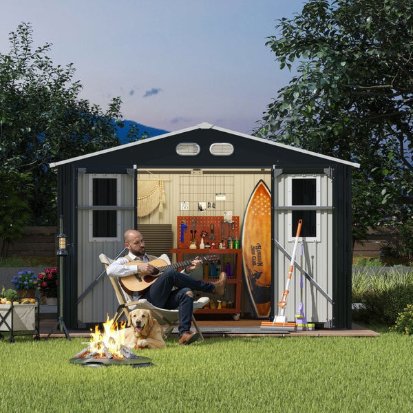 English Elm Outdoor Metal Storage Shed 8x10 with Four Windows Lockable Doors Waterproof Steel W1598S00038
