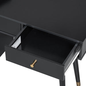 English Elm Modern Makeup Vanity Desk with Reeded Glass Door, 4-Compartment Cubby, Charging Port & Stool Comfortable Craftsmanship for Compact Spaces Black N844P285187B