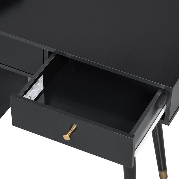 English Elm Modern Makeup Vanity Desk with Reeded Glass Door, 4-Compartment Cubby, Charging Port & Stool Comfortable Craftsmanship for Compact Spaces Black N844P285187B