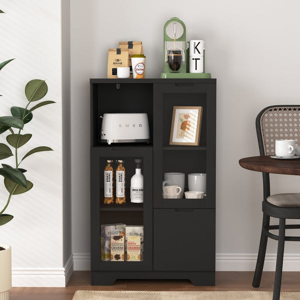 English Elm MDF modern painted storage cabinet with glass doors, drawer and open shelves for entryway decor (97) Black W409P171447
