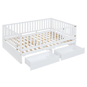 English Elm Full Size Pinewood Kids Daybed with Fence Rails Split Floor Bed and Storage Drawers White LP100882AAK