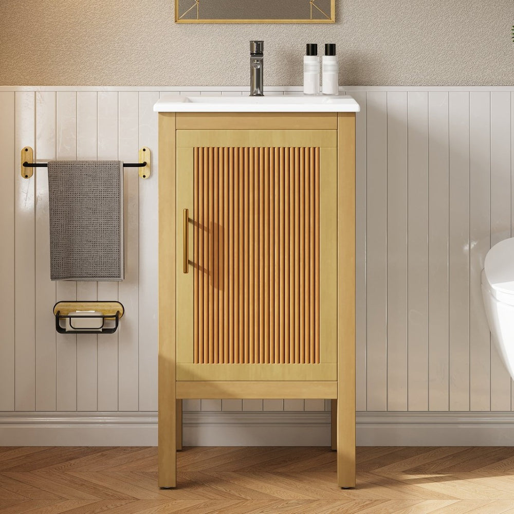 English Elm 18" Pine and Mdf Bathroom Vanity with Ceramic Basin Soft Close Hinged Cabinet N710P426321P