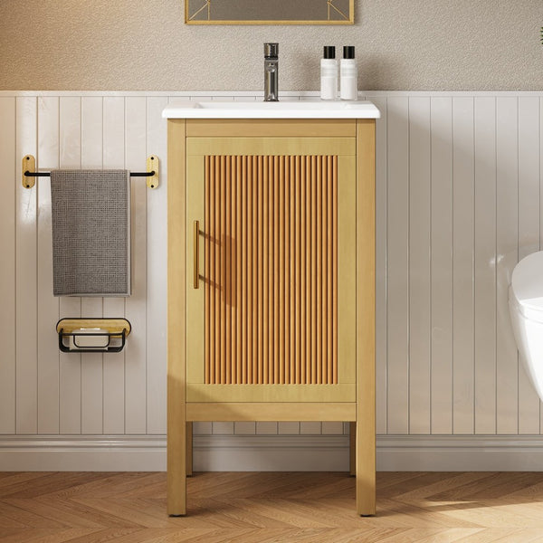 English Elm 18" Pine and Mdf Bathroom Vanity with Ceramic Basin Soft Close Hinged Cabinet N710P426321P