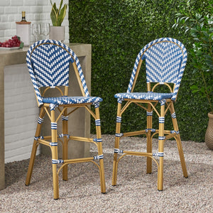 Christopher Knight Home® Noble House 29.5" Outdoor Pe Rattan French Barstool, Navy Blue And White, Aluminum Frame With Bamboo Finish (Set Of 2)