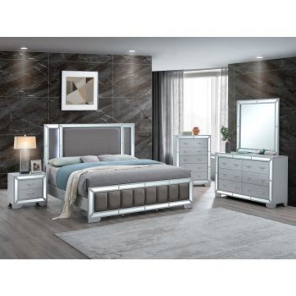 English Elm Murry Queen Platform Bed Faux Leather Headboard Led Backlit Mirror Panels Silver B078S00652