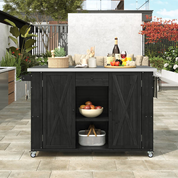 English Elm Outdoor Kitchen Island Solid Fir Wood with Foldable Stainless Top, Ample Storage, Wheels, Opener Black N719P246553B