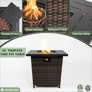 English Elm 28" 28inch Propane Fire Pit Table 50000 BTU Square Steel Outdoor Patio Table with Rocks Lid Black Brown W853102854