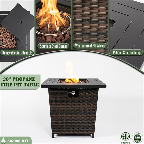 English Elm 28" 28inch Propane Fire Pit Table 50000 BTU Square Steel Outdoor Patio Table with Rocks Lid Black Brown W853102854