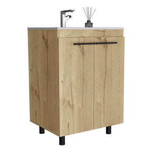 English Elm Free Standing Sink Cabinet Light Oak Beige, 23.8" Engineered Wood Vanity with Sink, 2 Shelves, FSC Compliance B097S00152