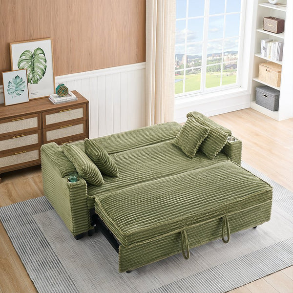 English Elm 80 Inch Green Corduroy Sofa Bed - Multi-Functional, Space-Saving Design With Cup Holders & Comfort! W1658P269825