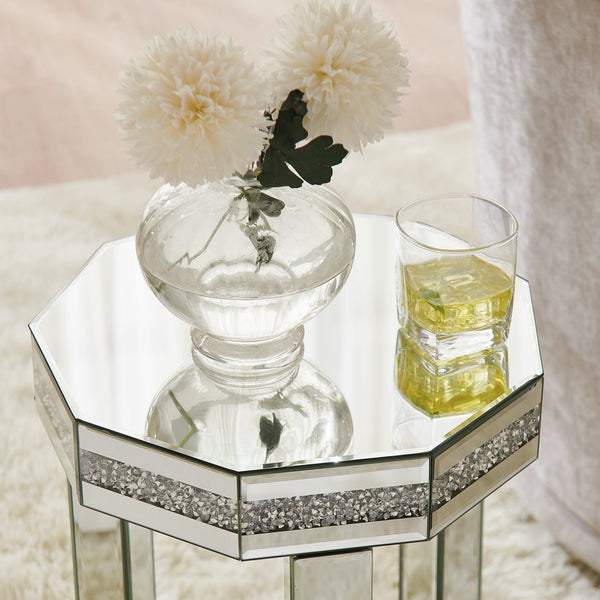 English Elm Mirrored Octagon End Table with Crystal Inlay, 2-Tier Silver Accent Sofa Table for Small Spaces W1005P362467