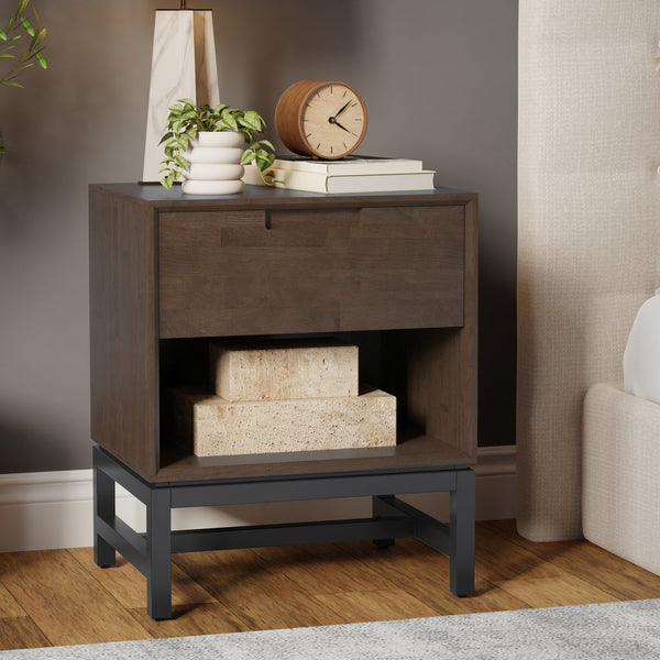 English Elm Banting Solid Rubberwood Nightstand in Walnut Brown with Drawer, Open Shelf & Graphite Base Finish B136P364302