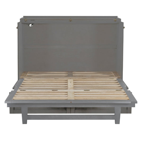 English Elm Full Size Murphy Bed Rattan Cabinet with Storage Drawers and Gold Hardware N708S00005AAE
