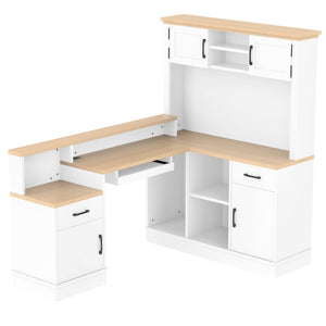 English Elm L-shaped Corner Computer Desk with Built-in Outlets Drawers and Open Shelving Storage W1580S00269