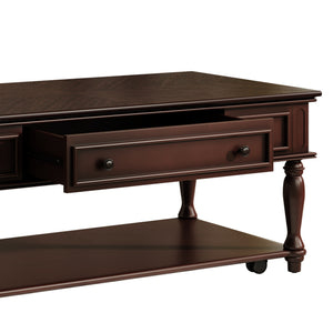 English Elm Farmhouse Retro Coffee Table with Lockable Wheels, One Drawer & Lower Shelf, Solid Wood Legs, Durable Finish Espresso N721P307935P