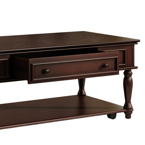 English Elm Farmhouse Retro Coffee Table with Lockable Wheels, One Drawer & Lower Shelf, Solid Wood Legs, Durable Finish Espresso N721P307935P