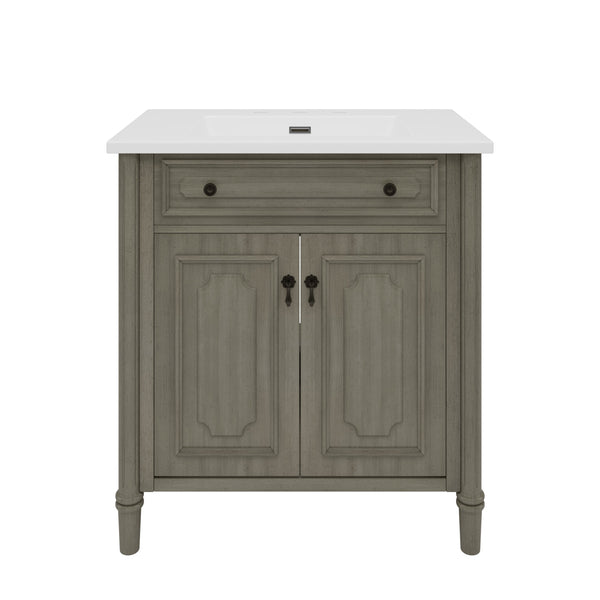 English Elm Christopher Knight Home® - 30 Inches Vintage Bathroom Vanity With Sink – Rustic Gray Cabinet, Soft-Close Doors & Ceramic Top N817P299472G